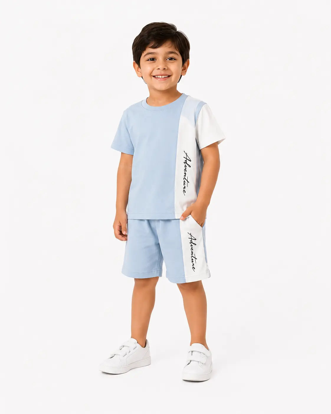Sky Blue Signature Print Kids Shorts Set with a comfortable short-sleeve top and matching shorts for summer casual wear.