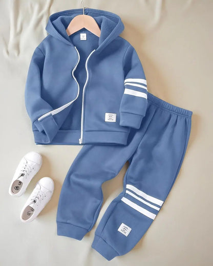 Sky blue kids winter fleece suit with zip-up hoodie and striped trouser