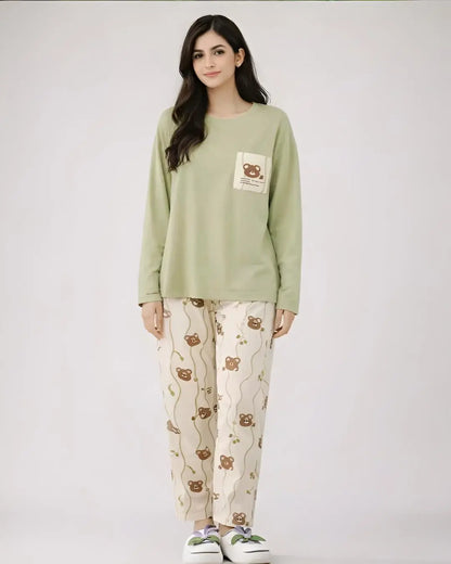 Soft Green Bear Print Nightwear Set for Women with Cute Bear Pajama Pants