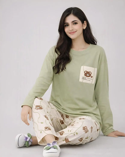 Soft green bear print nightwear set for women – comfortable and cute sleepwear.