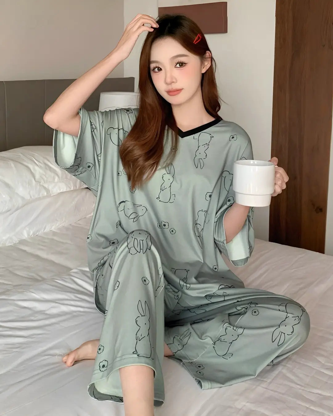 Soft Green Bunny Print Lounge Nightwear Set Women Soft Comfortable Sleepwear Pakistan