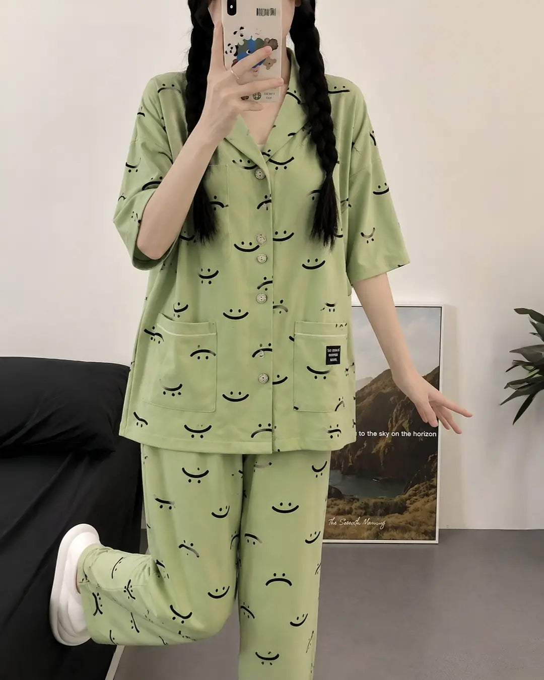 Soft Green Smiley Print Women Nightwear Set | Comfortable Lounge Pajama Set