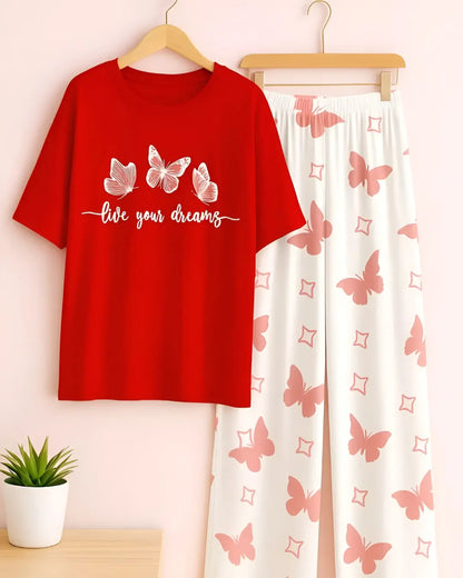 Soft Red Butterfly Print Nightwear Set for Women with Butterfly Pants