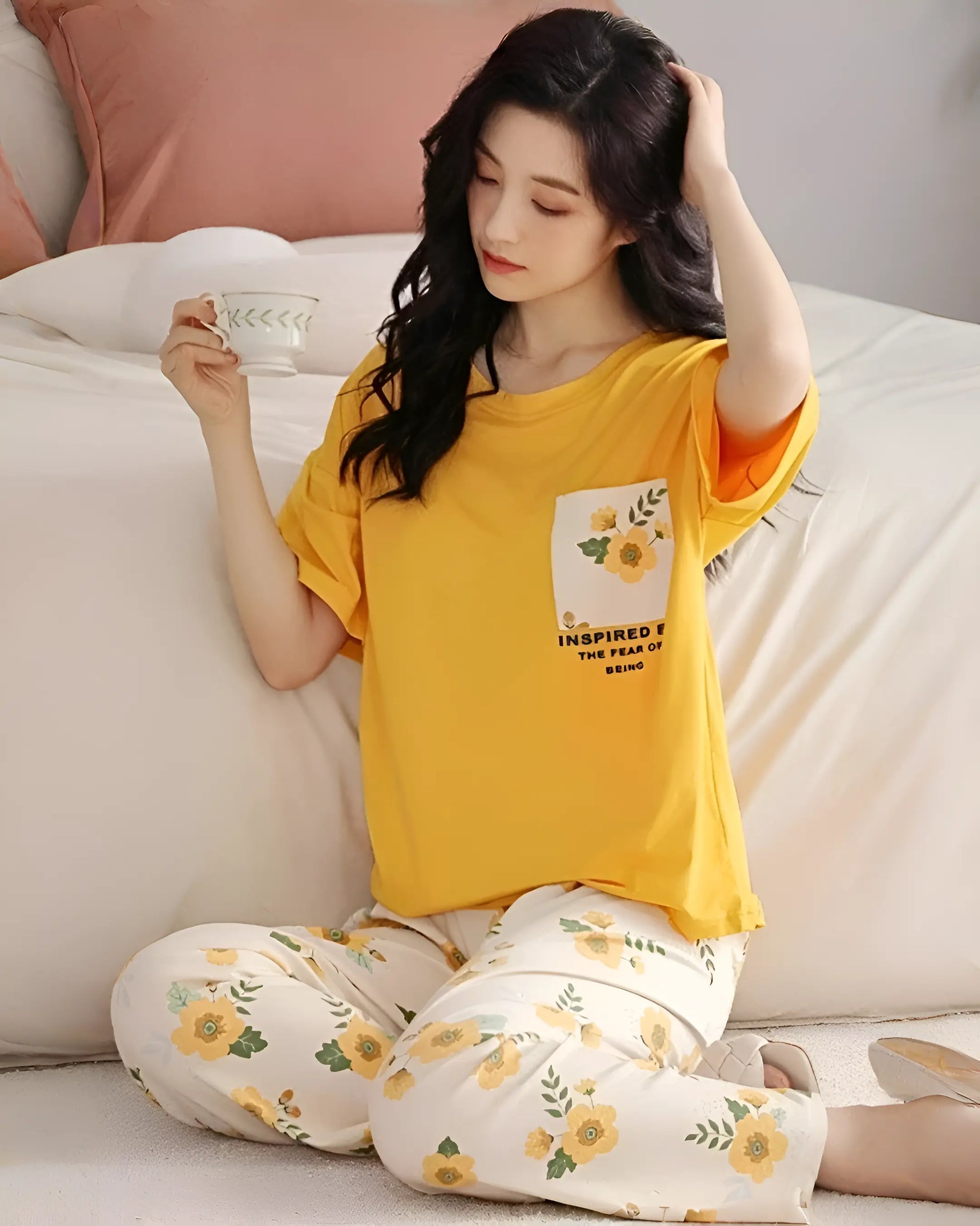 soft yellow floral night suit for women cotton sleepwear