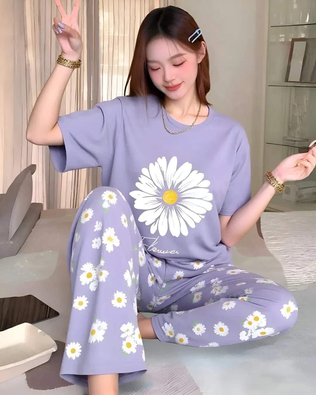 White flower print night suit for women