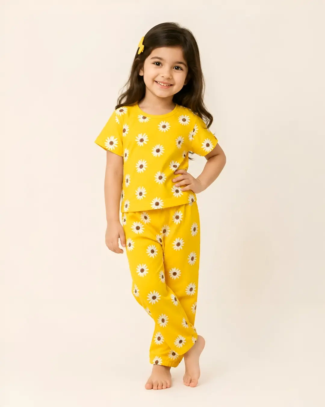 Sunny Yellow Daisy Print Girls Casual Set with a short-sleeve top and matching comfortable trousers for summer wear.