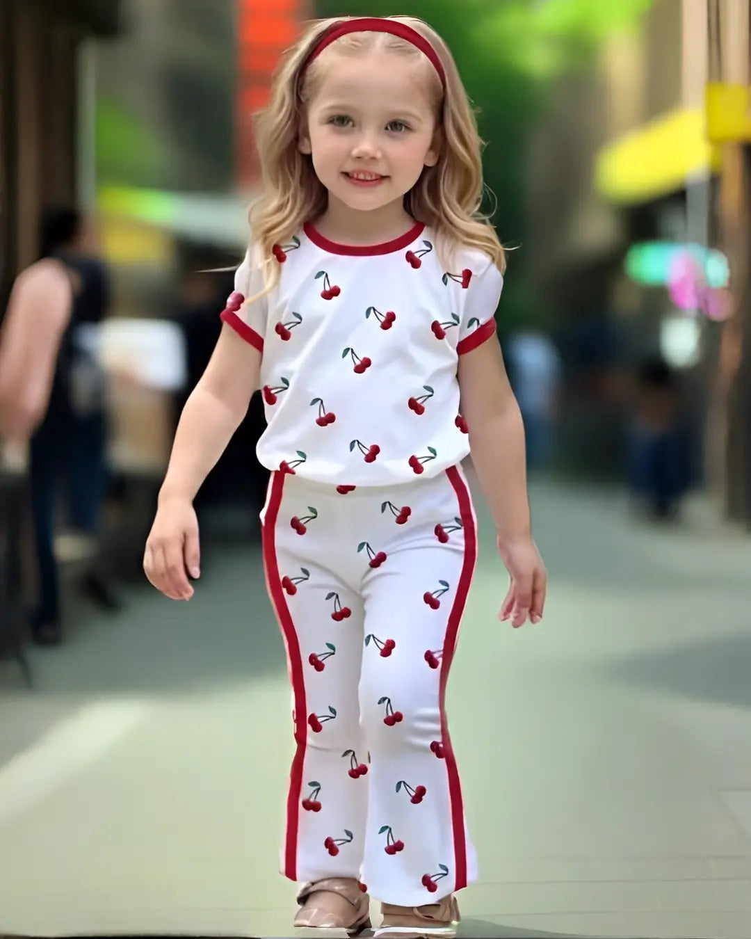 Sweet Cherry Print Kids Casual Wear with white top and matching pants featuring red cherry print design for girls.
