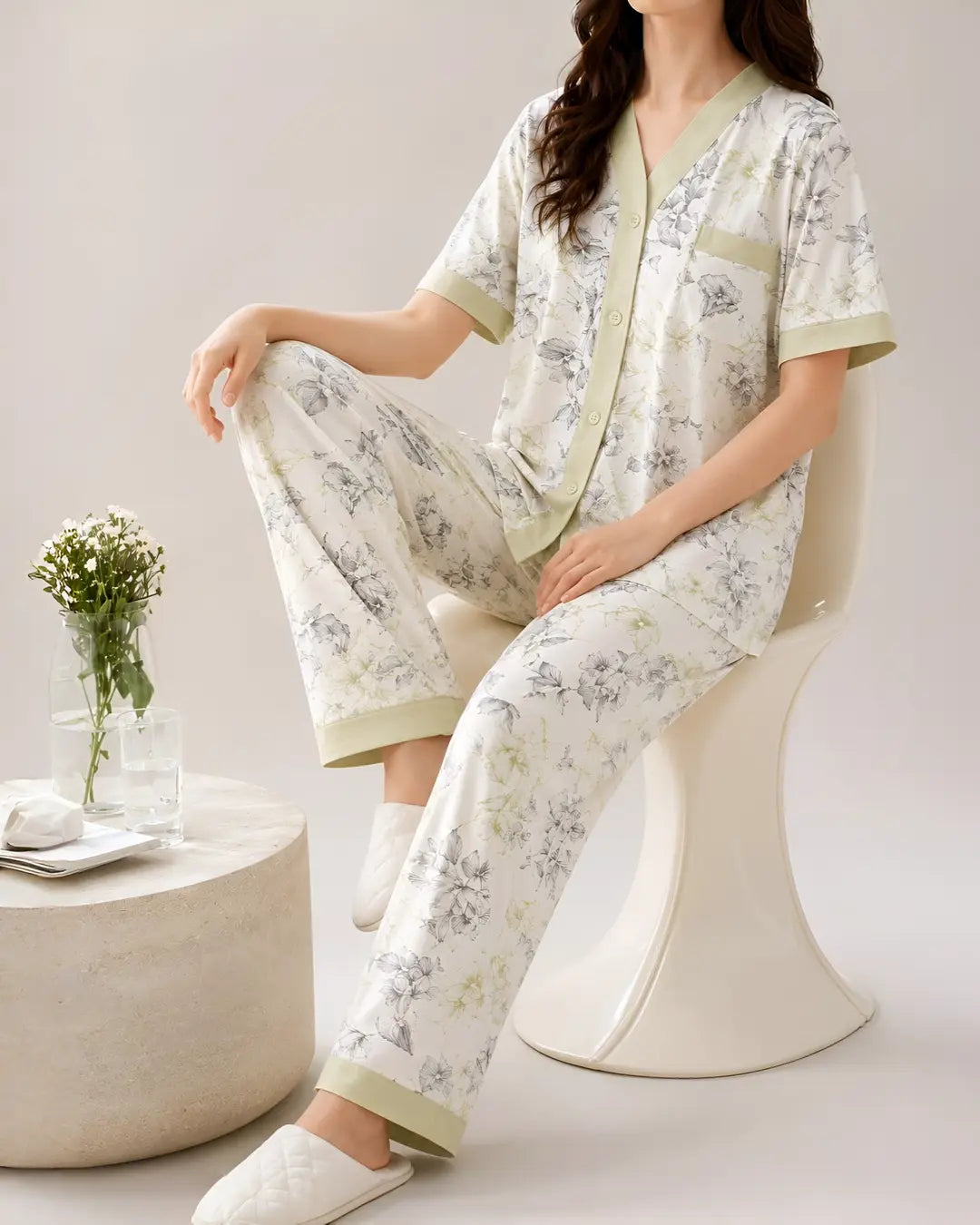 V-Neck Botanical Print Women Nightwear Set Soft Comfortable Ladies Pajama Set Pakistan