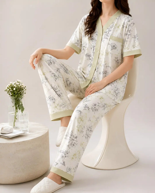 V-Neck Botanical Print Women Nightwear Set Soft Comfortable Ladies Pajama Set Pakistan