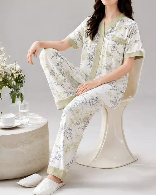 V-Neck Botanical Print Women Nightwear Set Soft Comfortable Ladies Pajama Set Pakistan