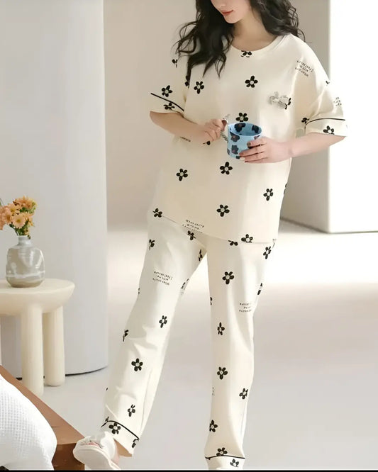 White Daisy Print Women Nightwear Set Soft Comfortable Floral Pajama Set Pakistan