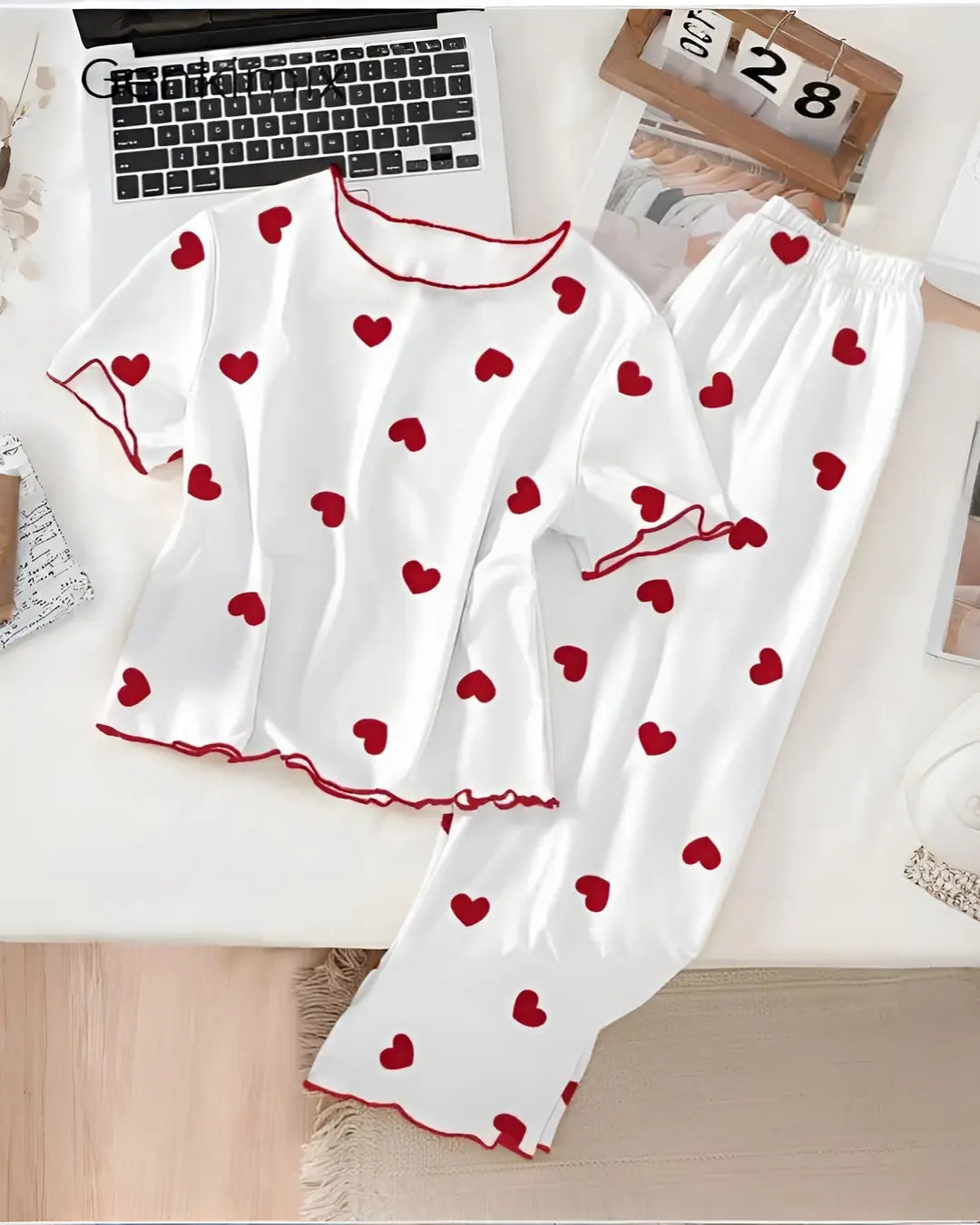 Soft cotton White Red Heart Print Women Night Suit for women
