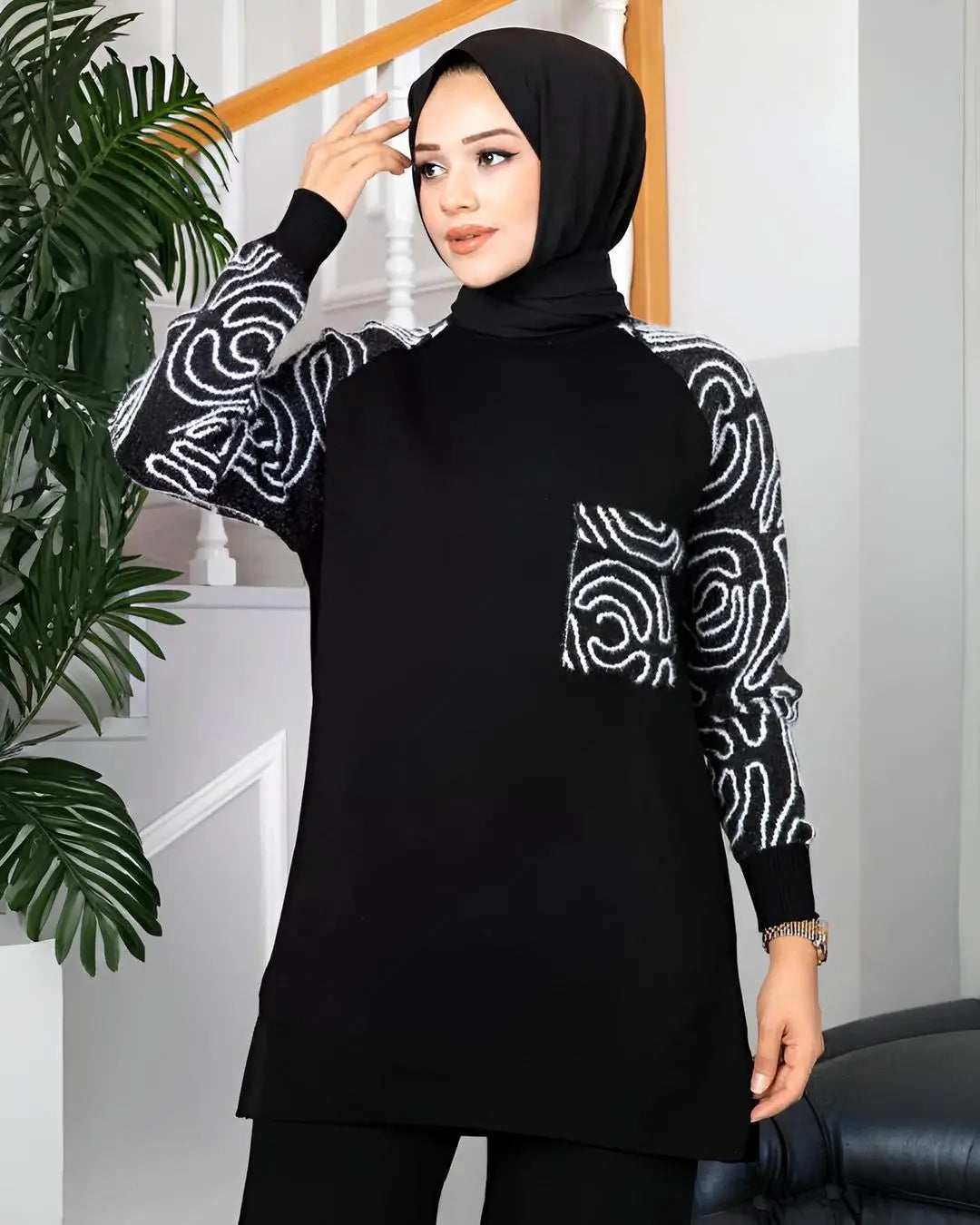 A long-sleeved co-ord set with a winter wood print, including a top and matching trousers.