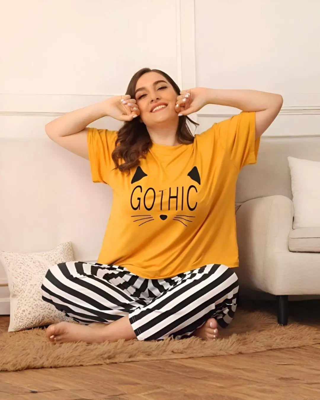 "Yellow Gothic nightwear set for women—stylish and comfortable sleepwear"