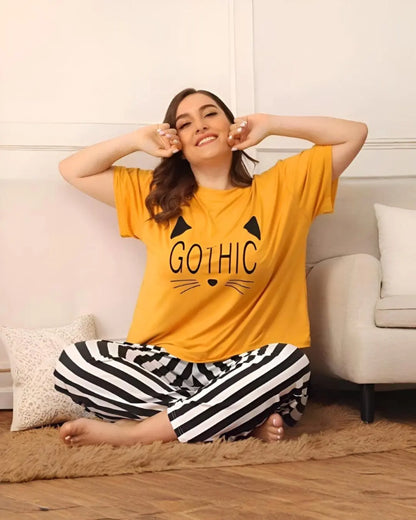 "Yellow Gothic nightwear set for women—stylish and comfortable sleepwear"