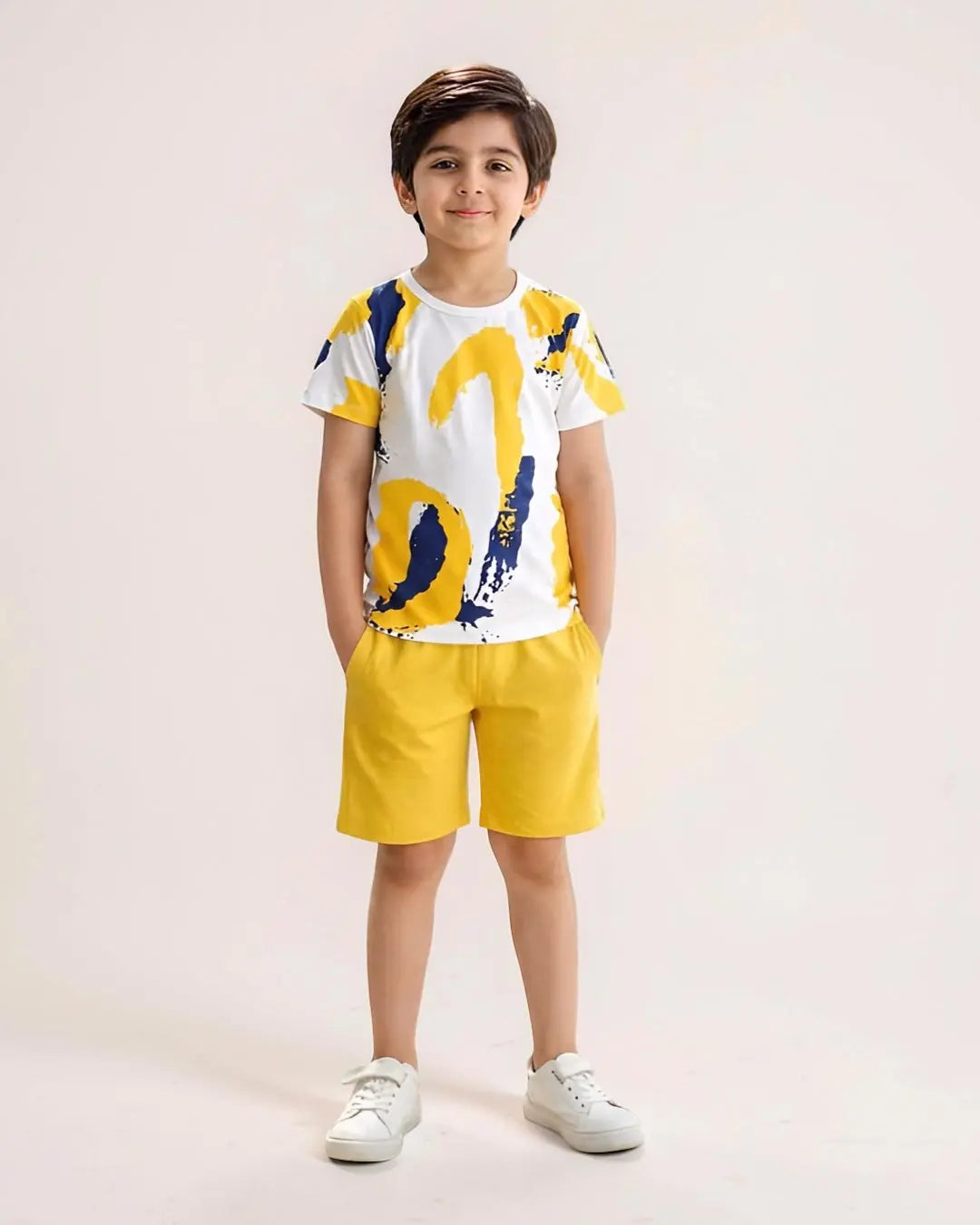 Yellow Multi Print Kids Shorts Set for boys and girls comfortable summer outfit