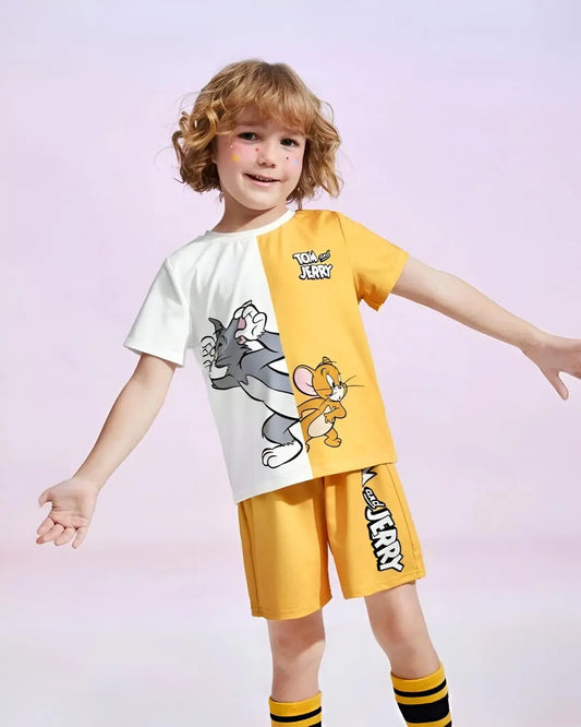 Unisex Yellow Tom & Jerry kids' suit, a fun, half-sleeve outfit for boys and girls.
