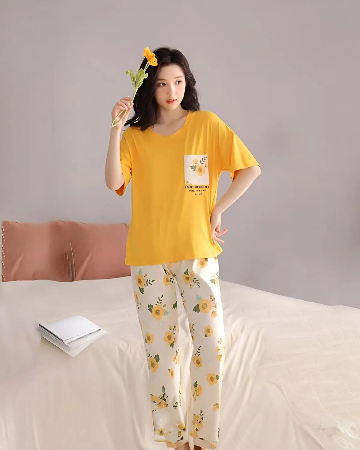 "Women's yellow night suit with pocket flower design – comfy sleepwear"