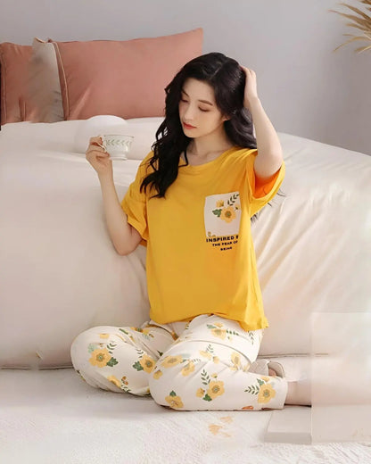 "Yellow pocket flower design night suit for women – stylish sleepwear"