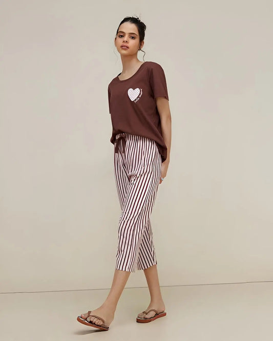 Brown heart-print cotton nightsuit for women in Pakistan