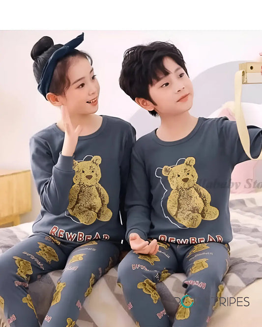Charcoal bear printed kids night suit – cotton sleepwear by DreamySet