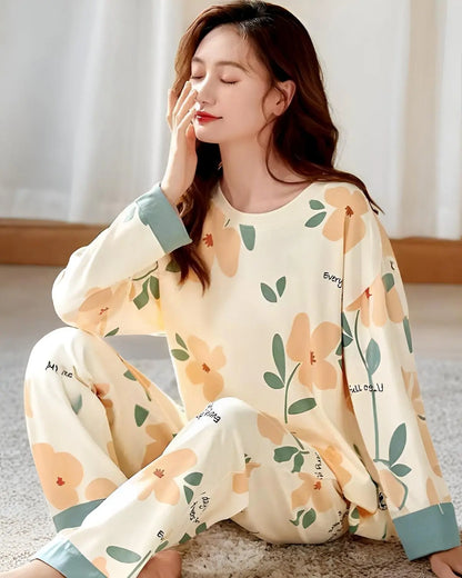 Creamy floral cotton nightsuit for women in Pakistan