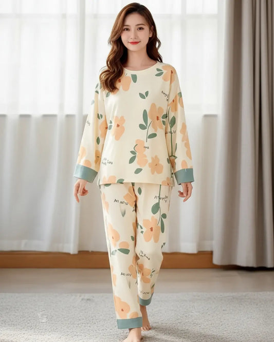 "Women's creamy floral printed night suit – stylish cozy nightwear set"