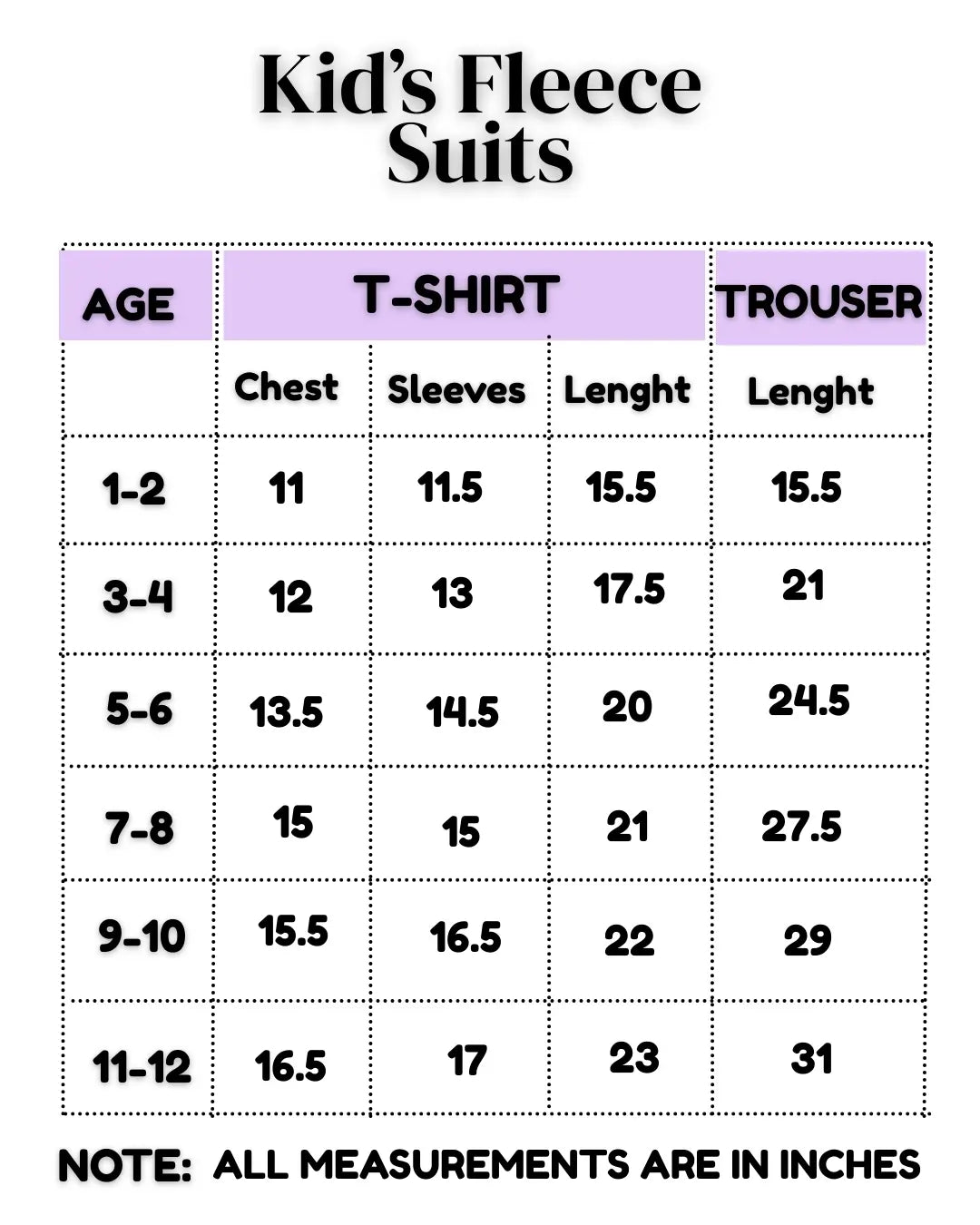"Kids fleece size chart for boys and girls – ages 1–12 years"