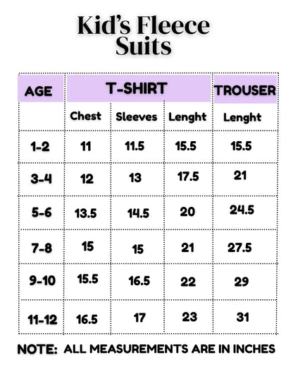 "Kids fleece size chart for boys and girls – ages 1–12 years"
