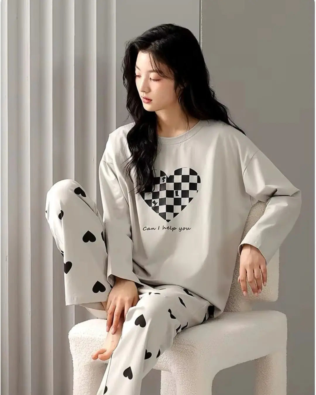 "Light grey heart print night suit for women – soft comfortable sleepwear"