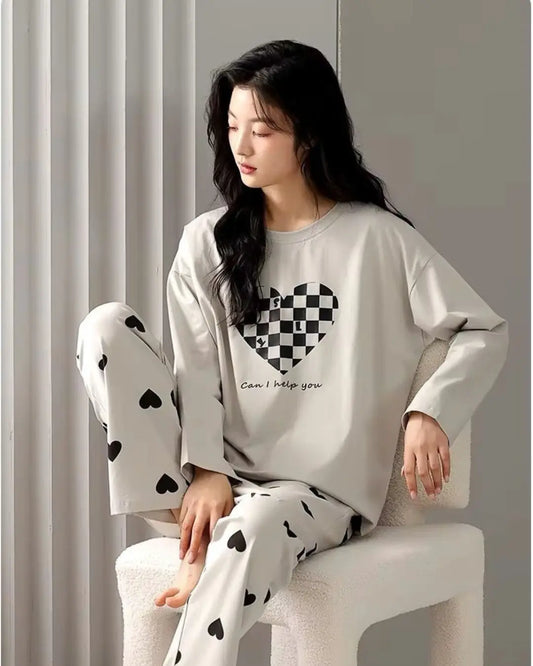 "Light grey heart print night suit for women – soft comfortable sleepwear"