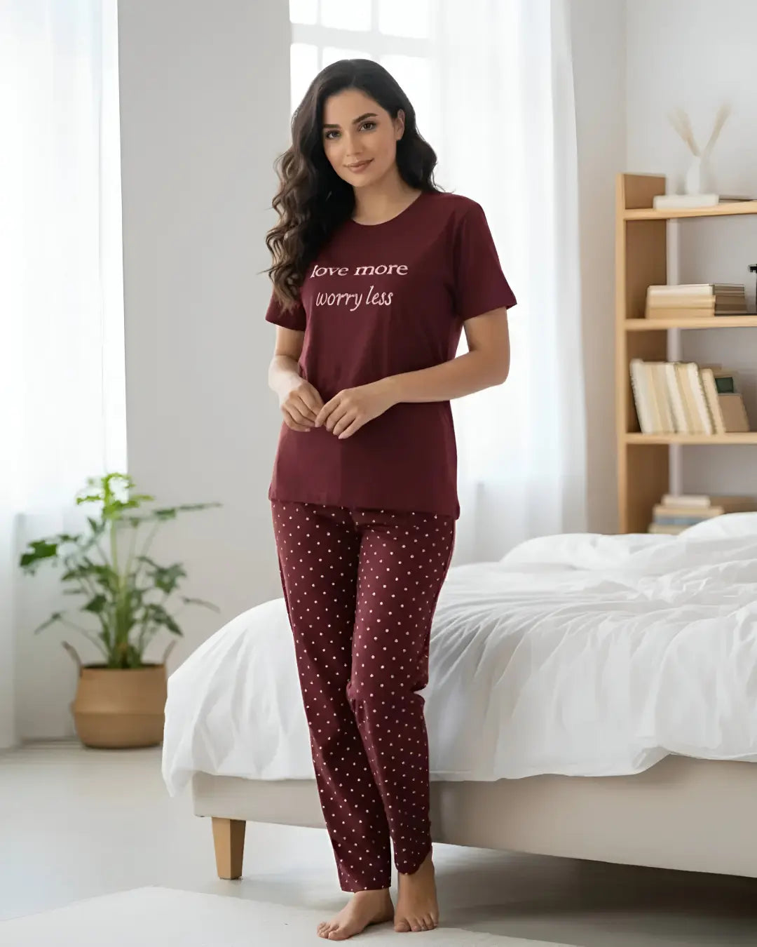 "Maroon print Love More night suit for women – stylish sleepwear set"