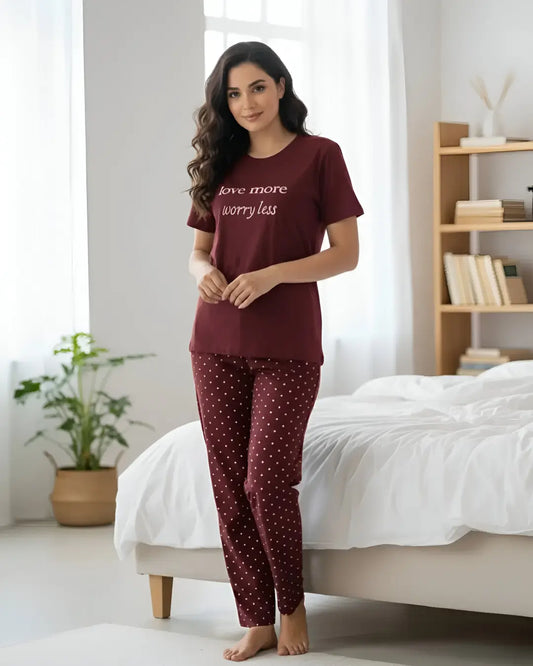 "Maroon print Love More night suit for women – stylish sleepwear set"