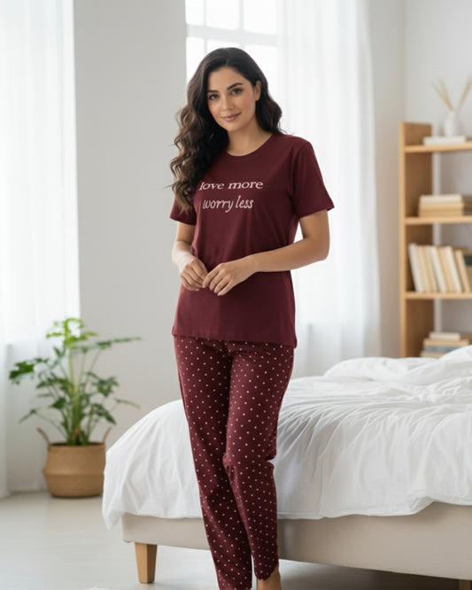"Maroon print Love More night suit for women – stylish sleepwear set"