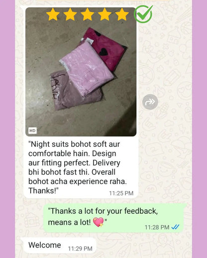 "Happy customer review highlighting the night suit’s comfort, premium quality, and attractive design."
