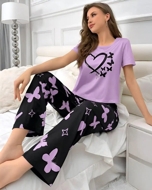 Heart and Butterfly nightwear set for women with playful print on soft fabric