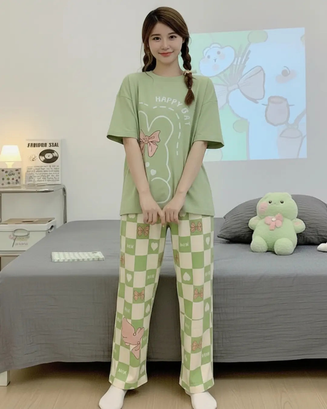 "Women's olive green print night suit – cozy comfortable nightwear set"