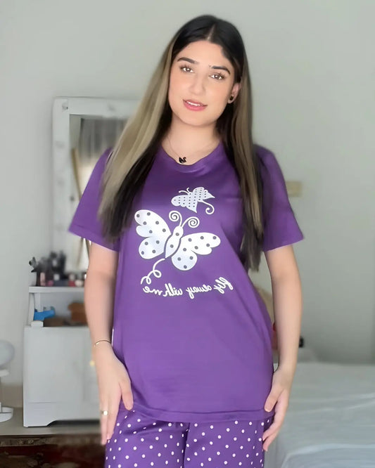 Purple butterfly print night suit for women – cotton sleepwear set