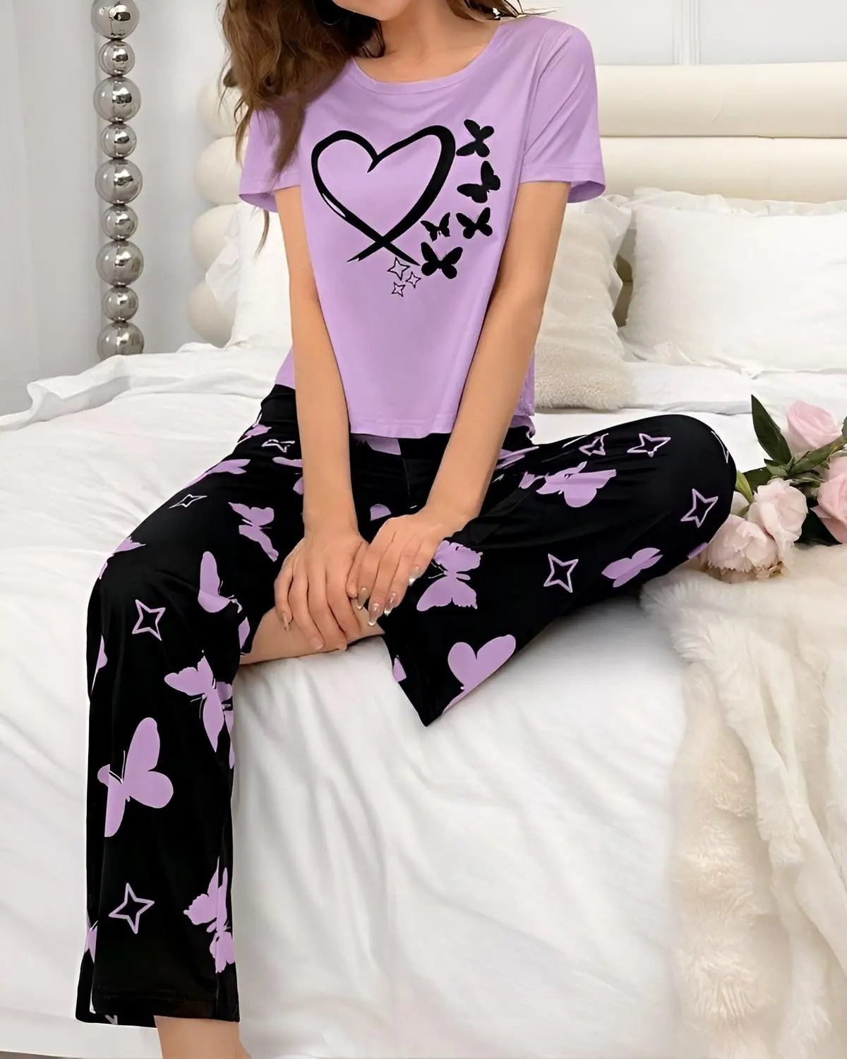
"Purple heart print night suit for women—soft and comfortable sleepwear set"