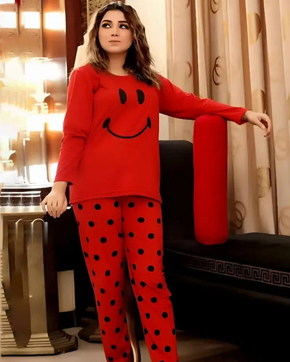 Red smiley print night suit for women – cotton sleepwear