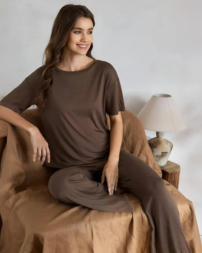 "Brown plain stylish night suit for women – soft comfortable sleepwear"