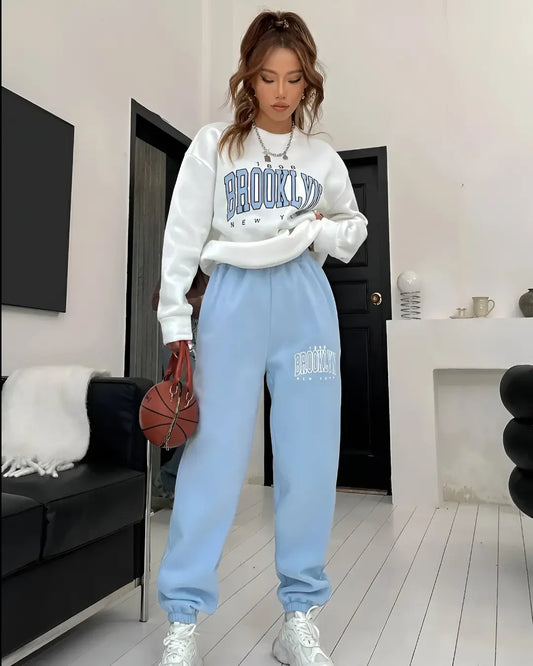 "Women's sky blue Brooklyn print co-ord set – stylish and warm sleepwear"