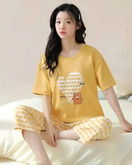 Yellow heart print night suit for women made of soft cotton